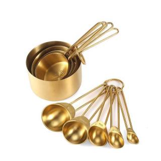 8-piece set of golden stainless steel measuring cups and spoons with scales, coffee seasoning measuring spoon, baking tools