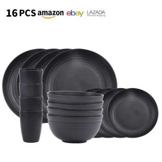 Amazon cross-border supply: Black wheat straw, PP plates, bowls, plates, cups, home dining plates, soup bowls, cups, tableware sets