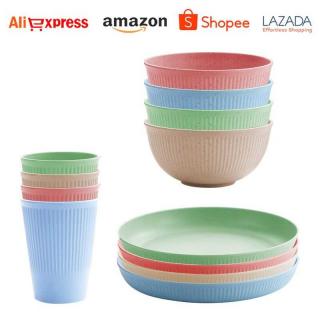 Amazon Cross-border Temu is selling a 24-piece set of wheat straw plates, bowls and cups for household use with vertical patterns