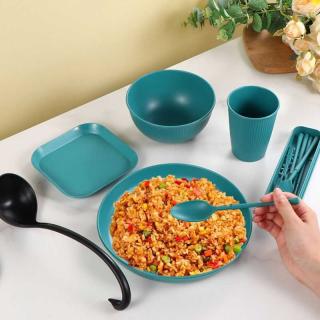 Cross-border wheat straw bowls, plates, soup bowls, water cups, straws, knives, forks, spoons, portable 8-person tableware storage box set