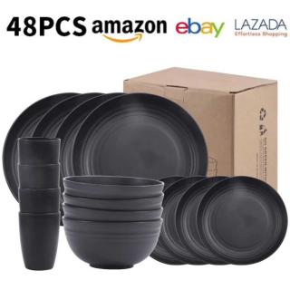 Cross-border Amazon wheat straw tableware, black plates, bowls, cups, plastic dinner plates, salad bowls, outdoor and household kitchen use