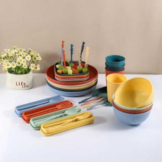 Cross-border Nordic Amazon bestseller plastic wheat straw soup bowl, plate and cup set, fruit fork, knife, spoon tableware gift
